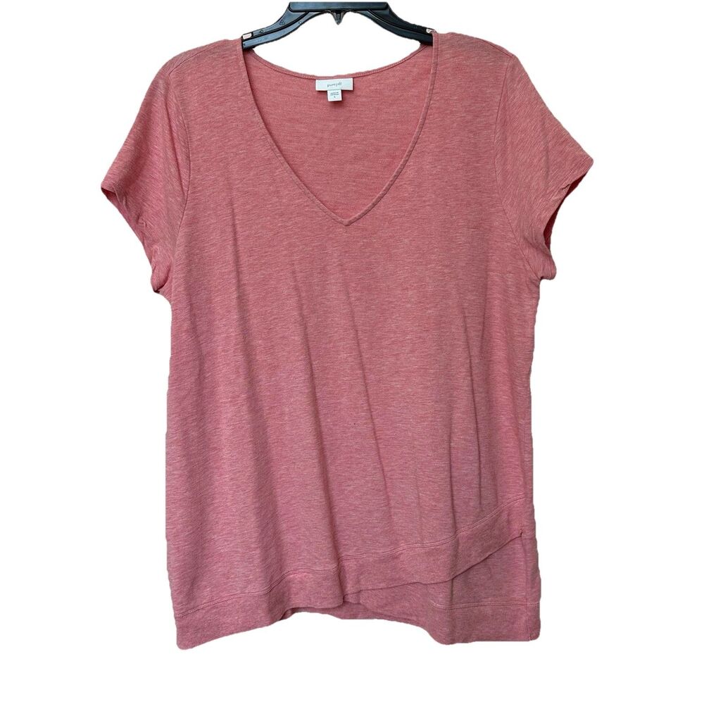 Pure Jill Top Lg Knit VNeck Short Sleeve T-Shirt Pima Cotton Blend Coral Stretch